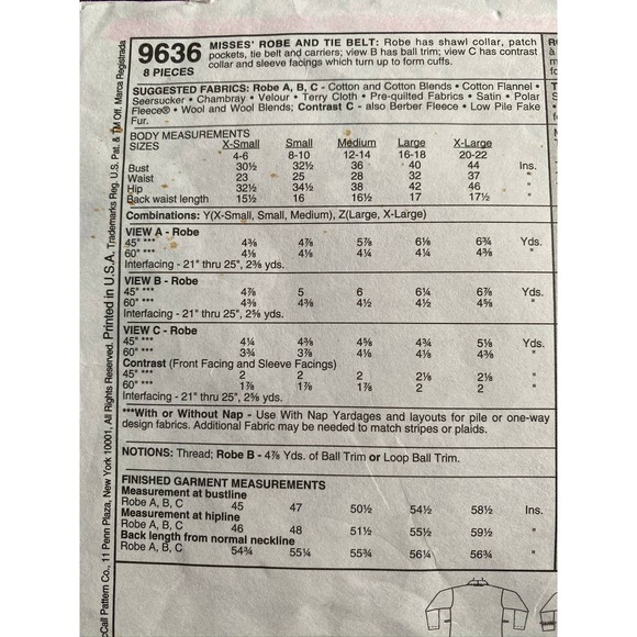McCalls 9636 sewing pattern robe size xs - Picture 4 of 5